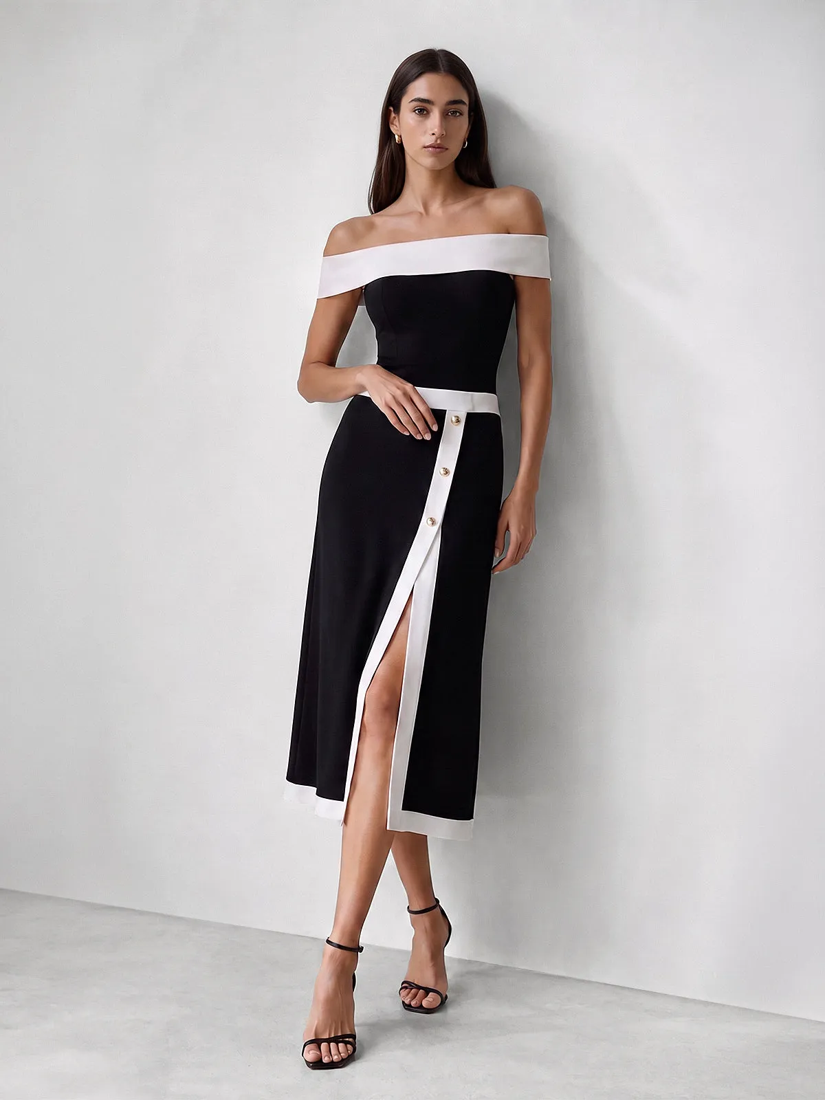 Off Shoulder Button Split Midi Dress sold by COMMENSE