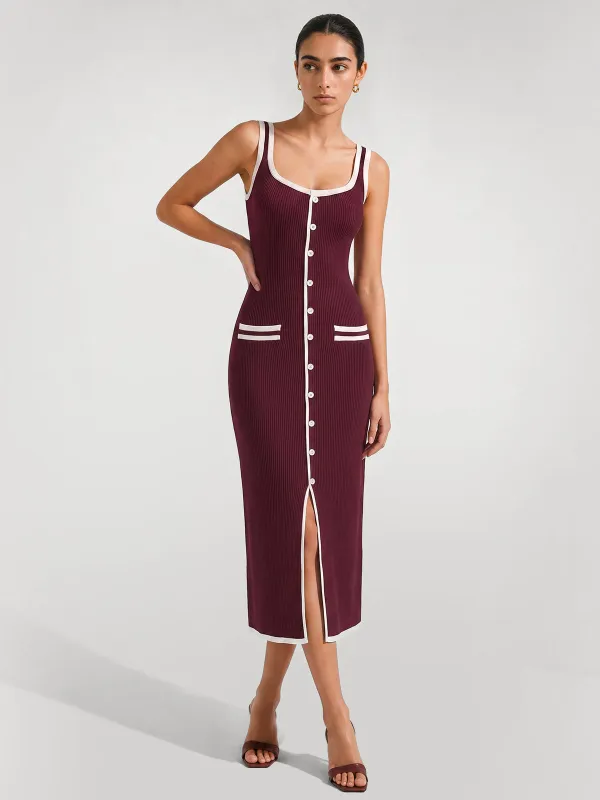 Contrast Trim Button Front Ribbed Knit Dress made by COMMENSE