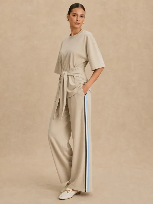 Tie Waist Striped Wide Leg Co-Ord Set made by COMMENSE