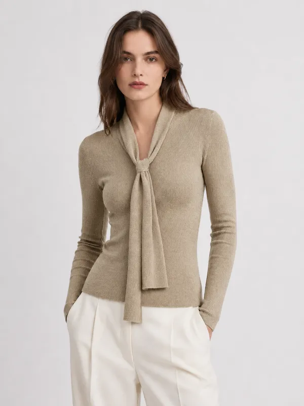 Tie Neck Ribbed Long Sleeve Knit Top made by COMMENSE