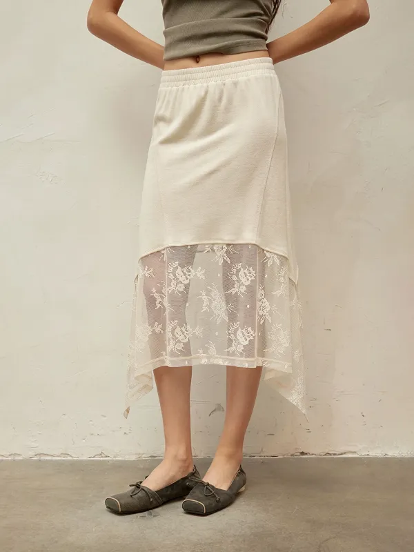 Elastic Waist Lace Irregular Midi Skirt made by COMMENSE
