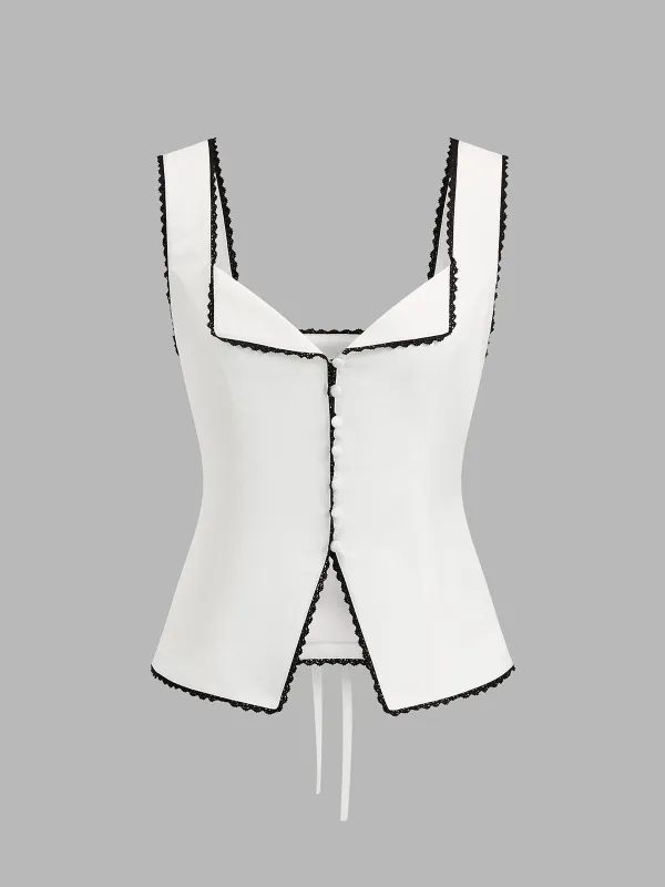 Lace Trim Linen Blend Tank Top made by COMMENSE