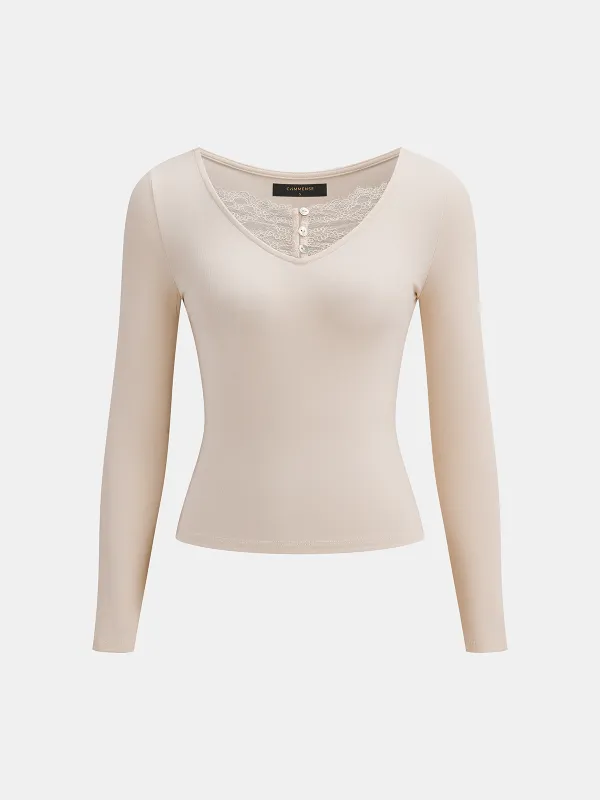 Sheer Lace Placket V Neck Basic Top made by COMMENSE