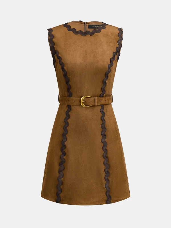 Scalloped Trim Belted Suede Effect Mini Dress made by COMMENSE