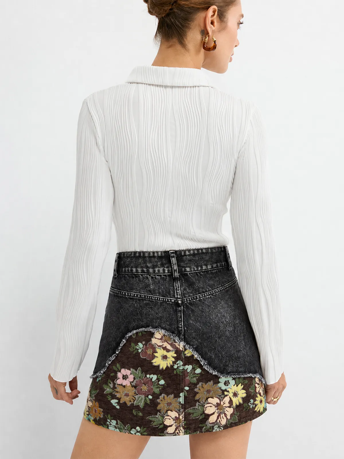 Floral Patch Fringe Denim Mini Skirt sold by COMMENSE