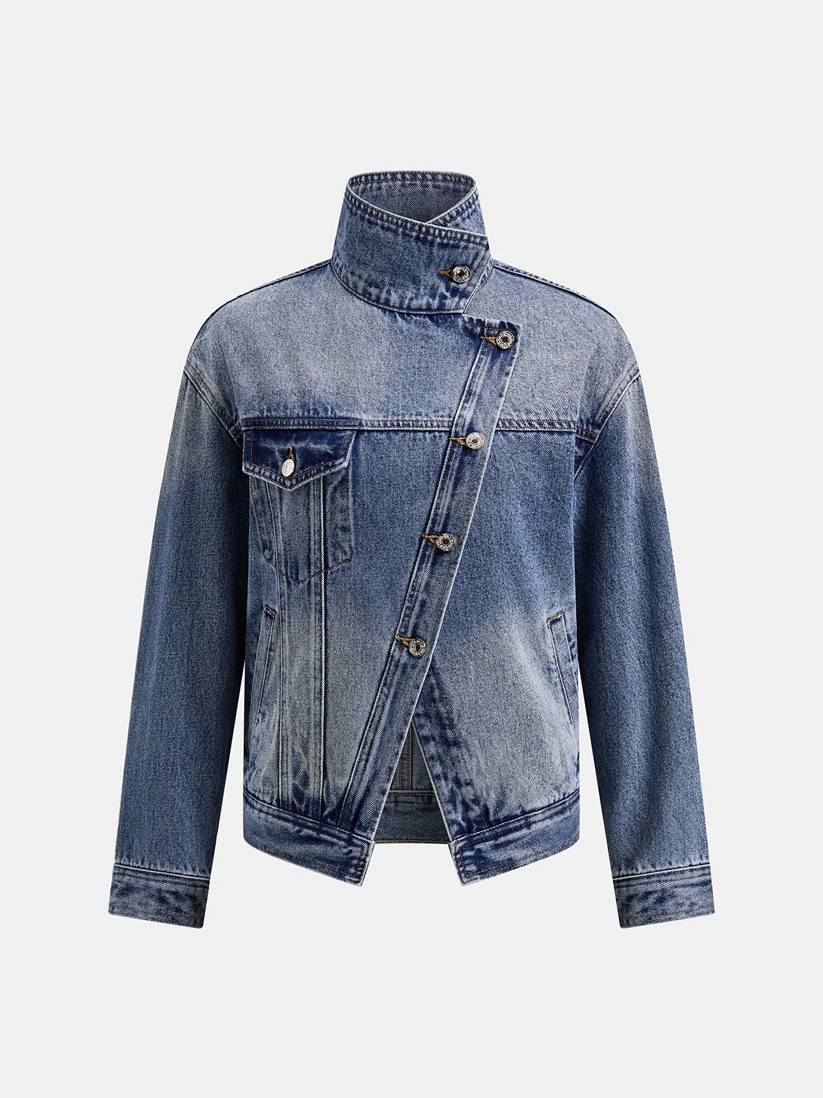 High Stand Collar Slanted Placket Denim Jacket sold by COMMENSE product image thumbnail 2