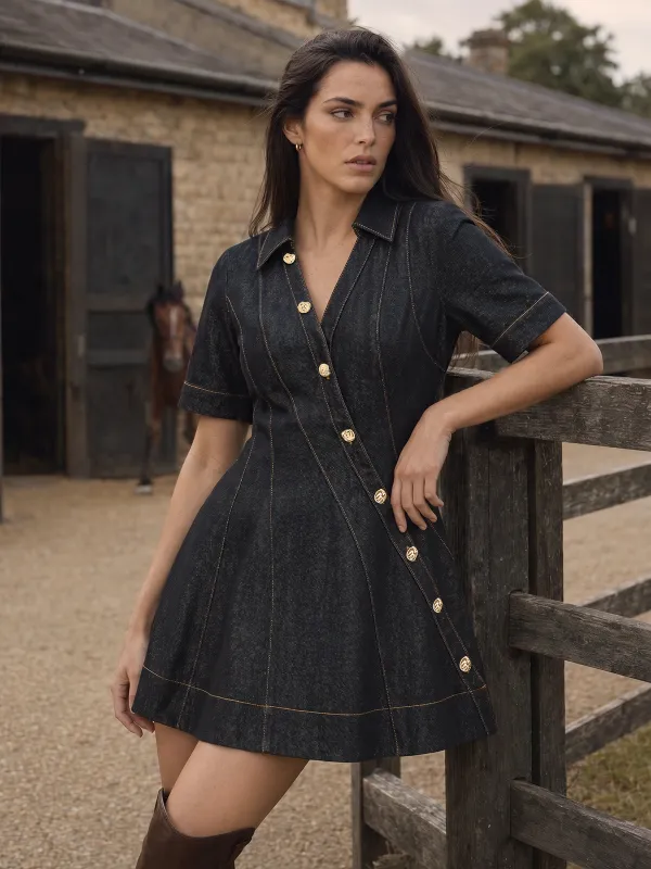Diagonal Button Short‑Sleeve Denim Flare Dress made by COMMENSE