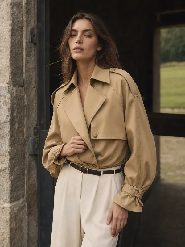 Epaulet Cuff‑Strap Cropped Trench Coat made by COMMENSE