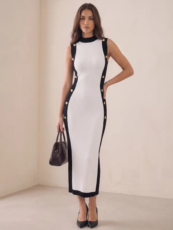 Color‑Block Metal Detail Knit Midi Dress made by COMMENSE