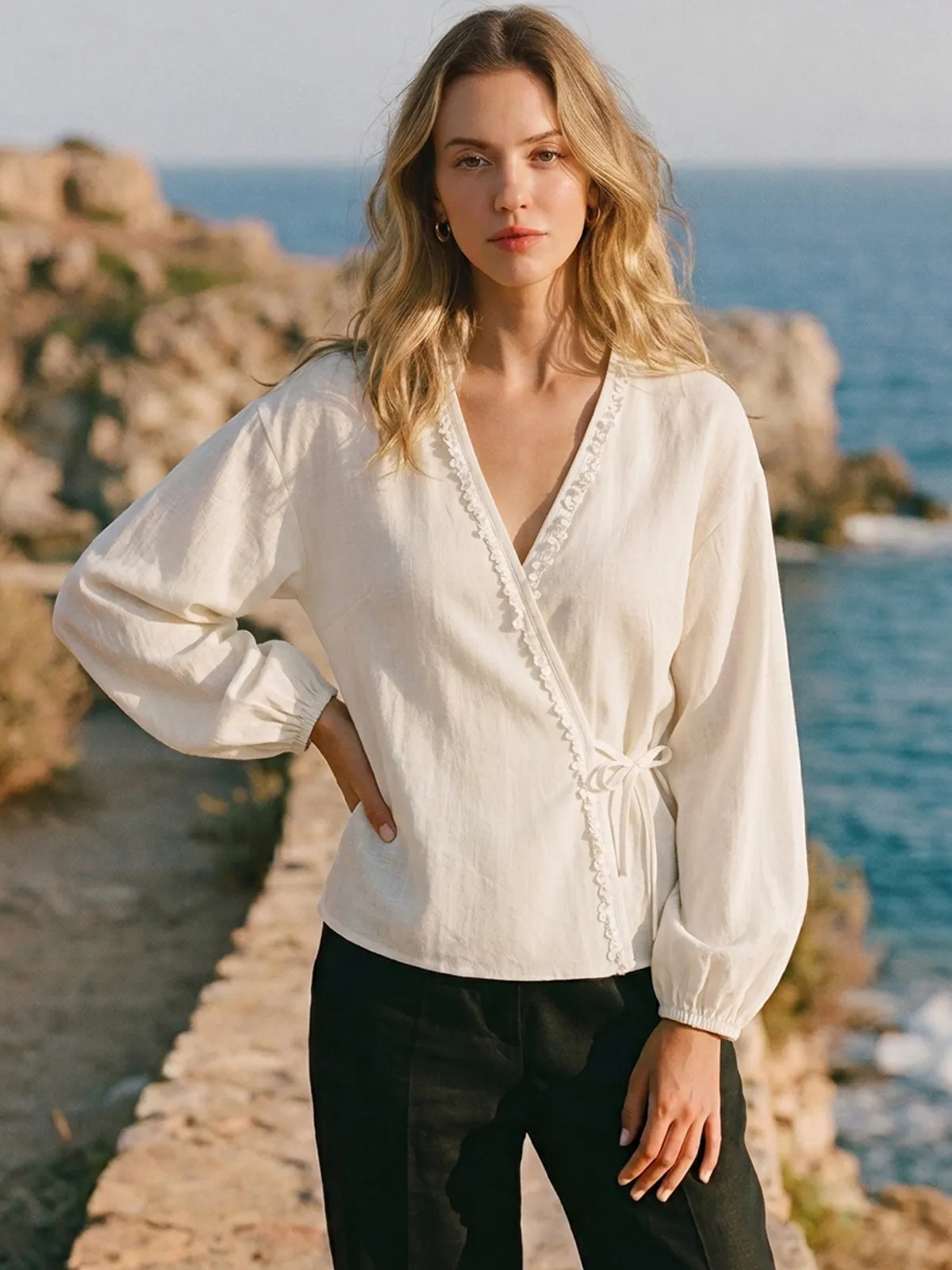 Lantern Sleeve Sequin Trim Wrap Blouse sold by COMMENSE