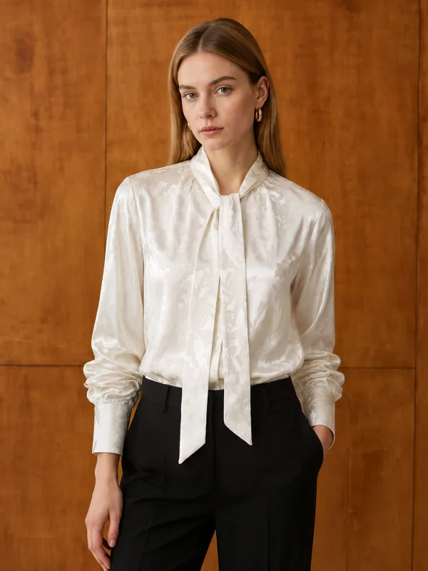Jacquard Tie‑Neck Long Sleeve Blouse made by COMMENSE