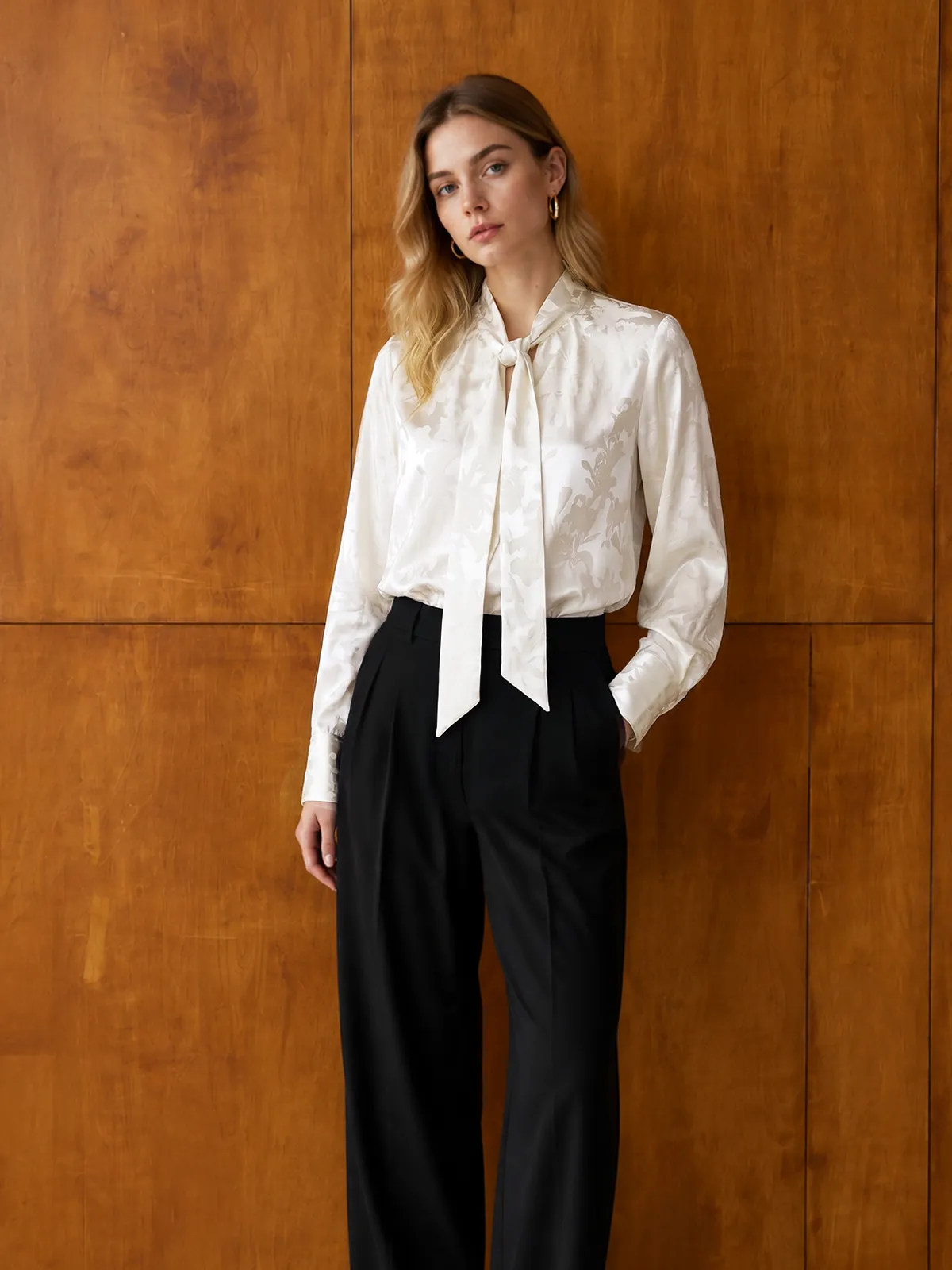 Jacquard Tie‑Neck Long Sleeve Blouse sold by COMMENSE product image thumbnail 2