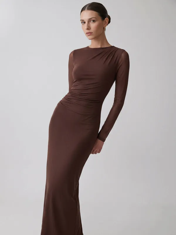 Mesh Long Sleeve Ruched Bodycon Maxi Dress made by COMMENSE