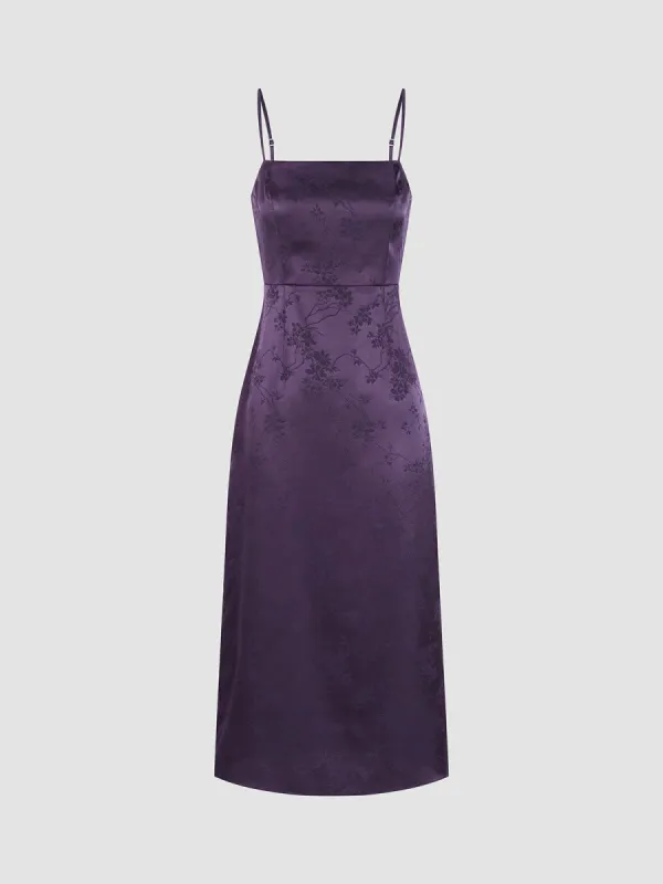 Lilac Blooms Strap Slit Satin Long Dress sold by COMMENSE