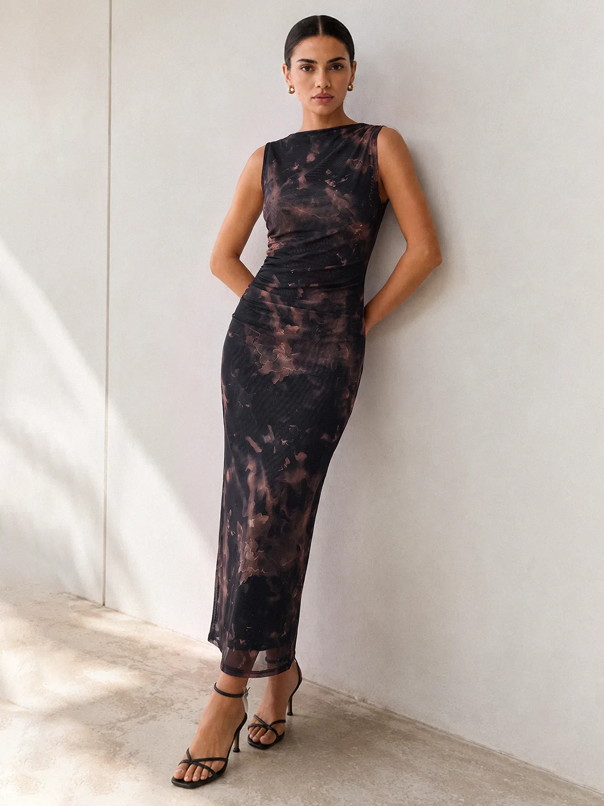 Tie-Dye Ruched Mesh Midi Dress sold by COMMENSE
