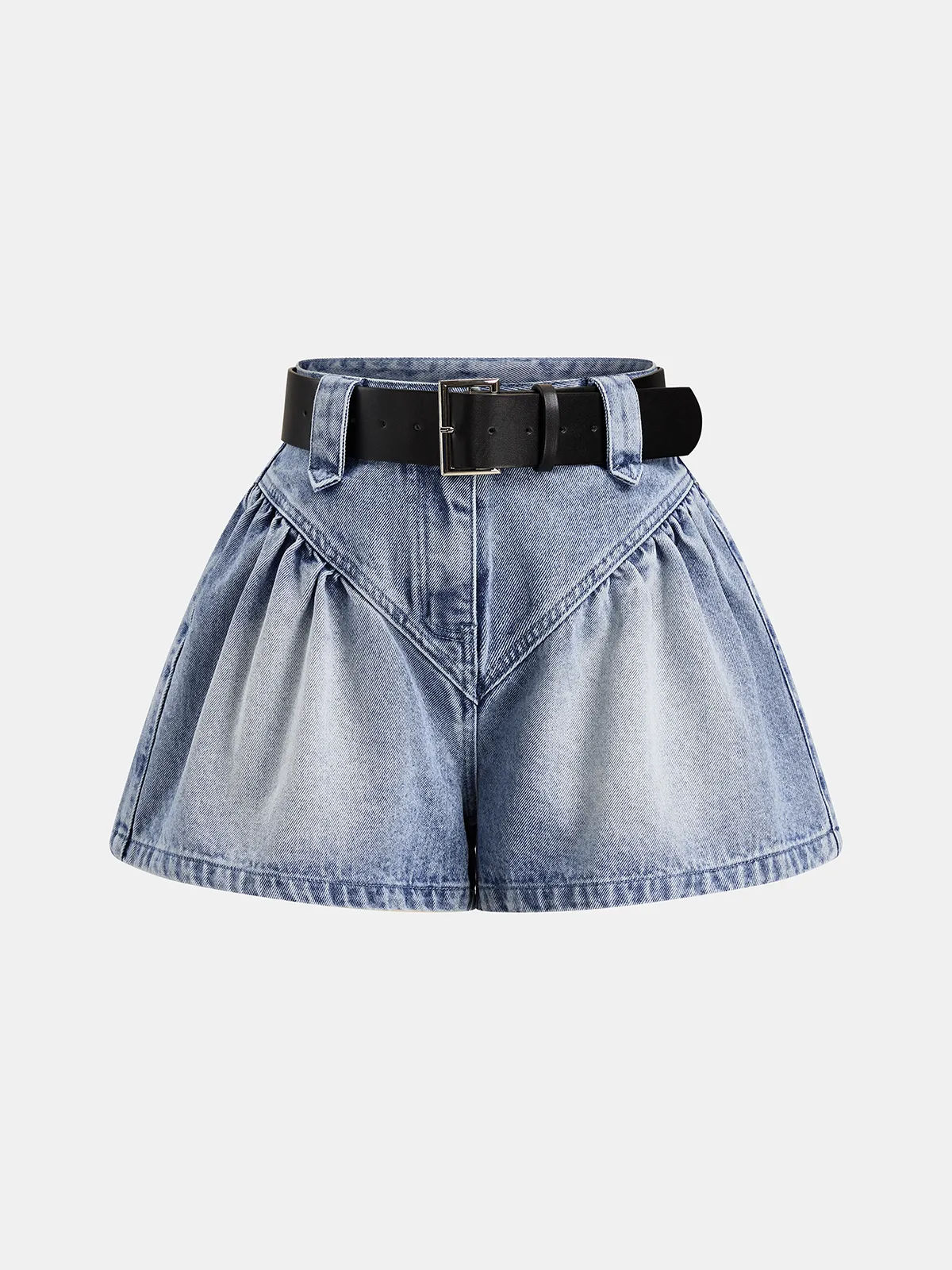 Belted Gathered Flared Denim Shorts sold by COMMENSE product image thumbnail 2