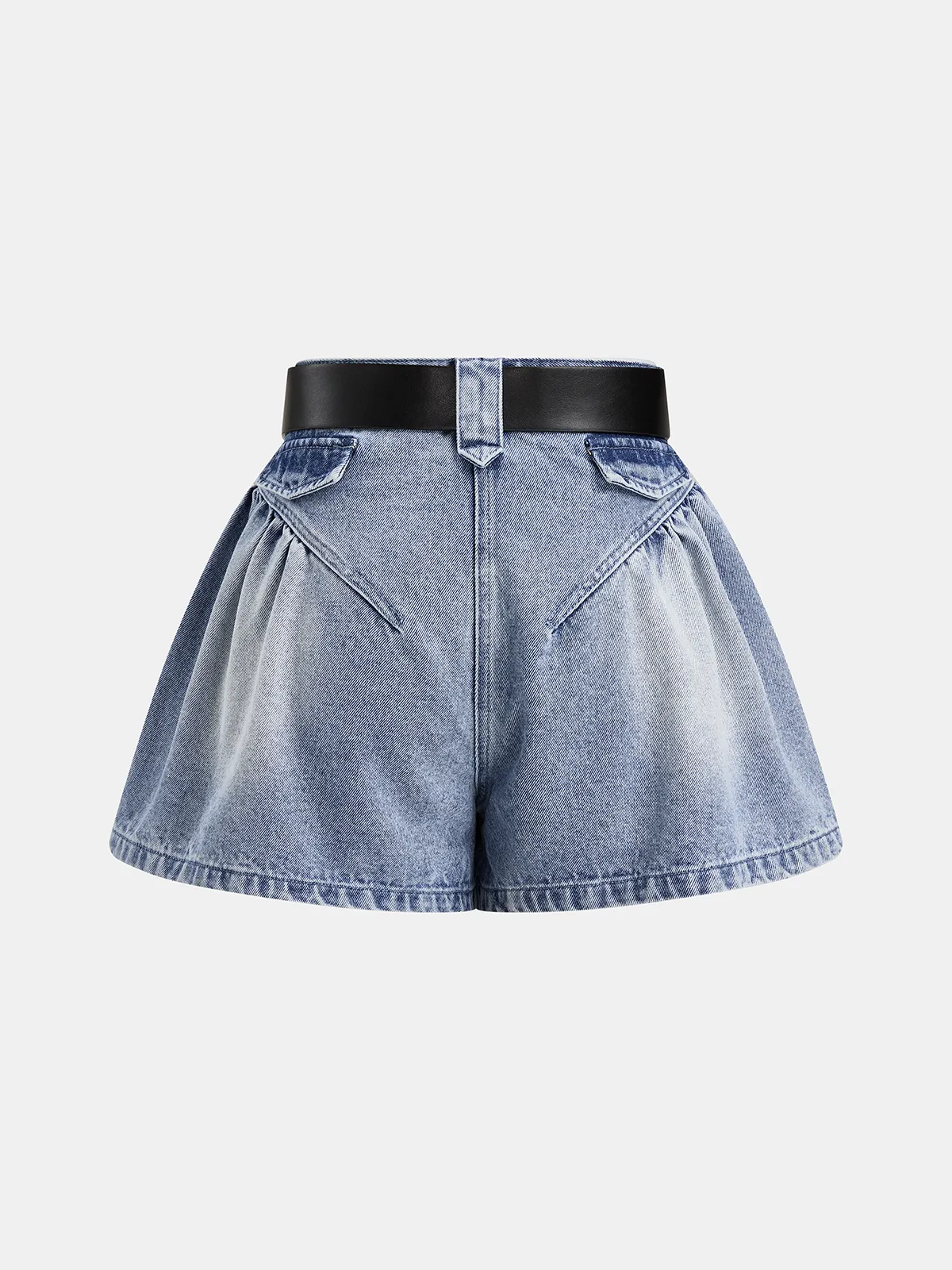 Belted Gathered Flared Denim Shorts sold by COMMENSE product image thumbnail 3