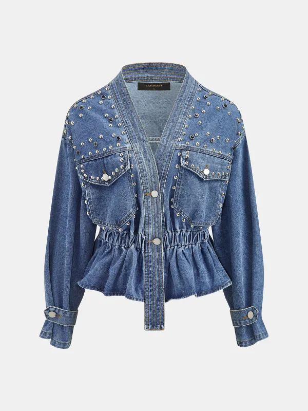 Studded Cinched Peplum Denim Jacket made by COMMENSE