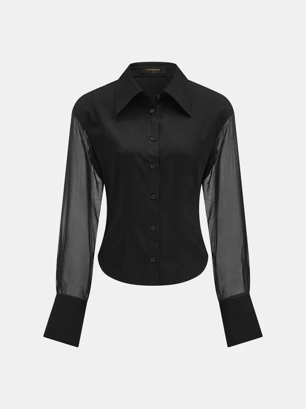 Sheer Sleeve Fitted Button-Down Shirt made by COMMENSE