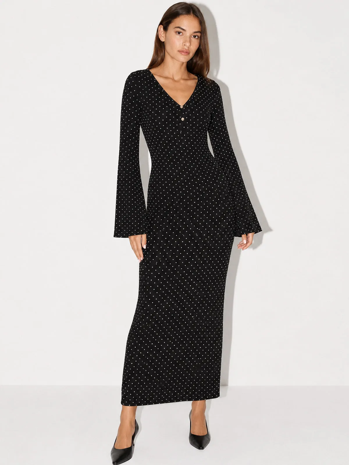 Flare Sleeve Polka Dot Midi Dress sold by COMMENSE product image thumbnail 4