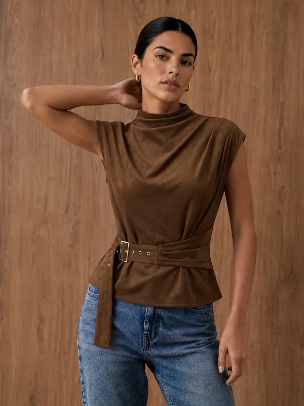 Buckle Waist Cap Sleeve Suede Effect Blouse made by COMMENSE