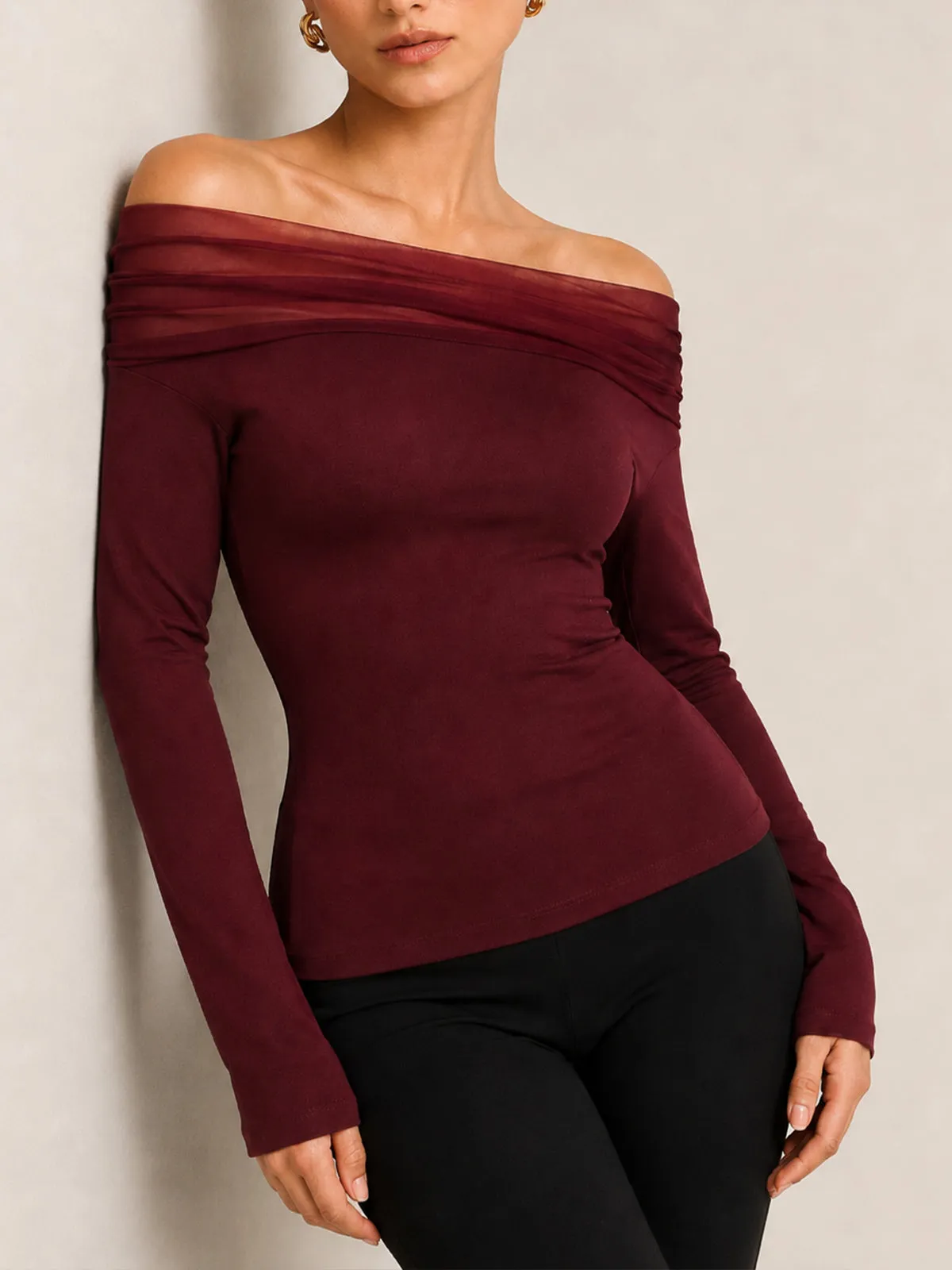 Mesh Spliced Off‑Shoulder Fitted Blouse sold by COMMENSE product image thumbnail 2