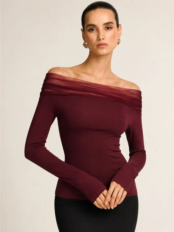Mesh Spliced Off‑Shoulder Fitted Blouse made by COMMENSE