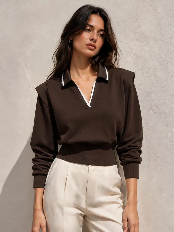 Contrast Trim Polo Cropped Sweatshirt made by COMMENSE