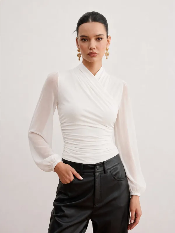 Semi-Sheer Ruched Wrap Lantern Sleeve Blouse made by COMMENSE