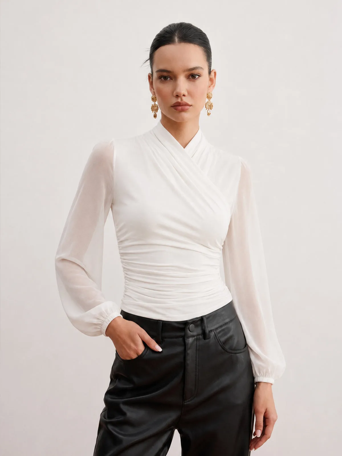 Semi-Sheer Ruched Wrap Lantern Sleeve Blouse sold by COMMENSE