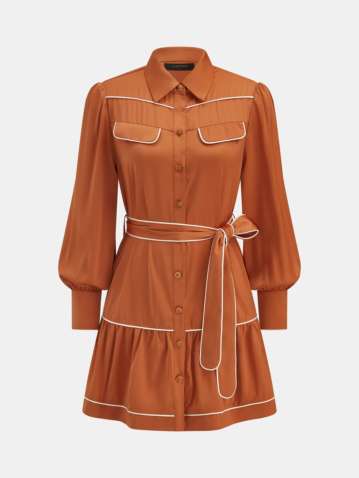 Contrast Piping Belted Satin Shirt Dress sold by COMMENSE product image thumbnail 2