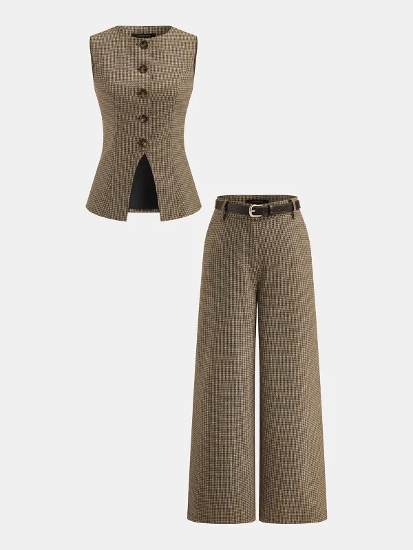 Houndstooth Wool Blend Two Piece Pants Set made by COMMENSE