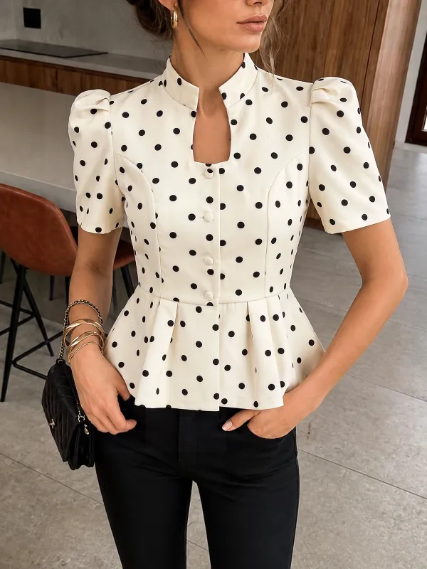 Polka Dot Puff Sleeve Peplum Blouse made by COMMENSE