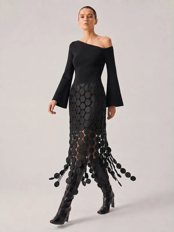 Asymmetrical Circle Fringe Midi Dress made by COMMENSE