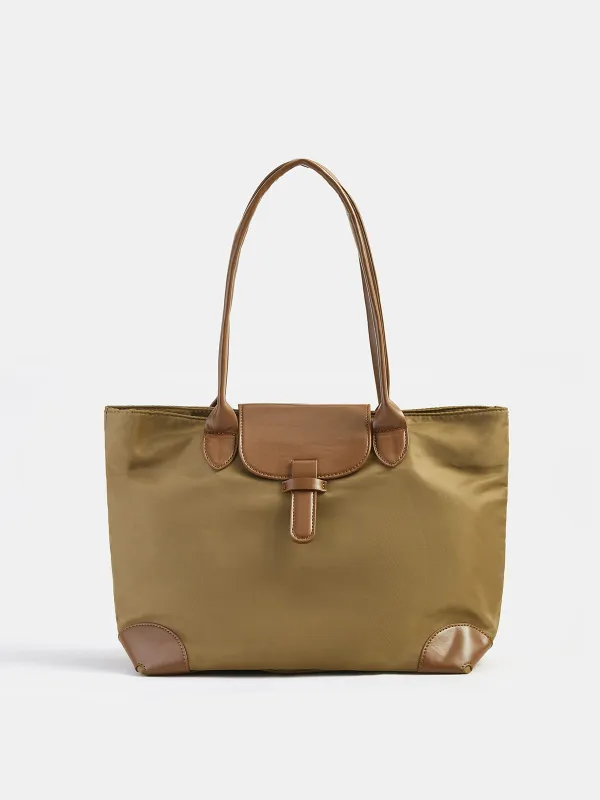 Faux Leather Trim Nylon Tote Bag made by COMMENSE