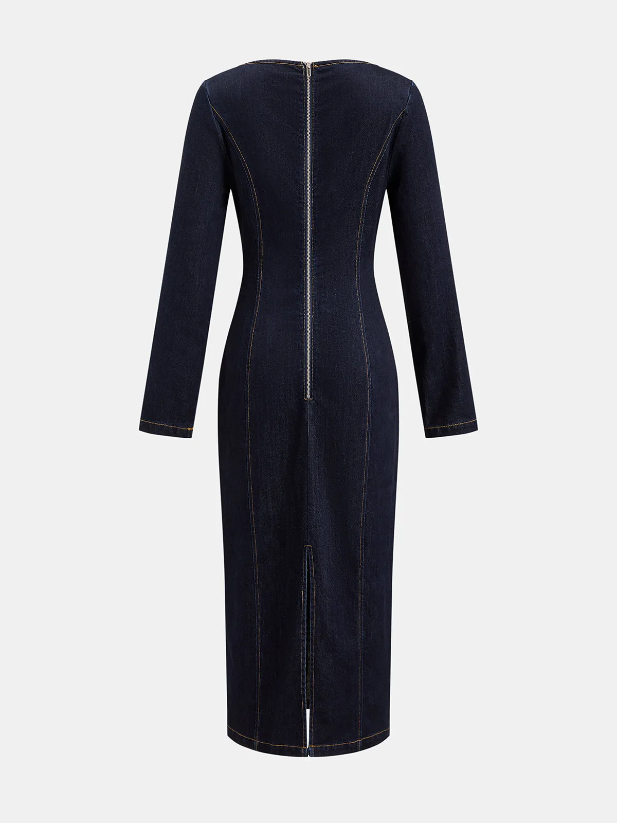 Square Neck Buckle Denim Bodycon Midi Dress sold by COMMENSE product image thumbnail 3