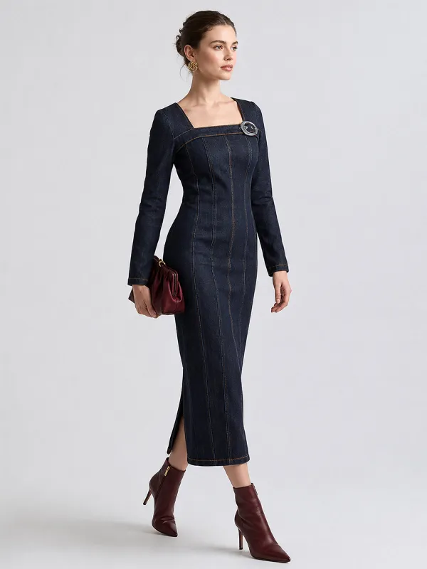 Square Neck Buckle Denim Bodycon Midi Dress made by COMMENSE