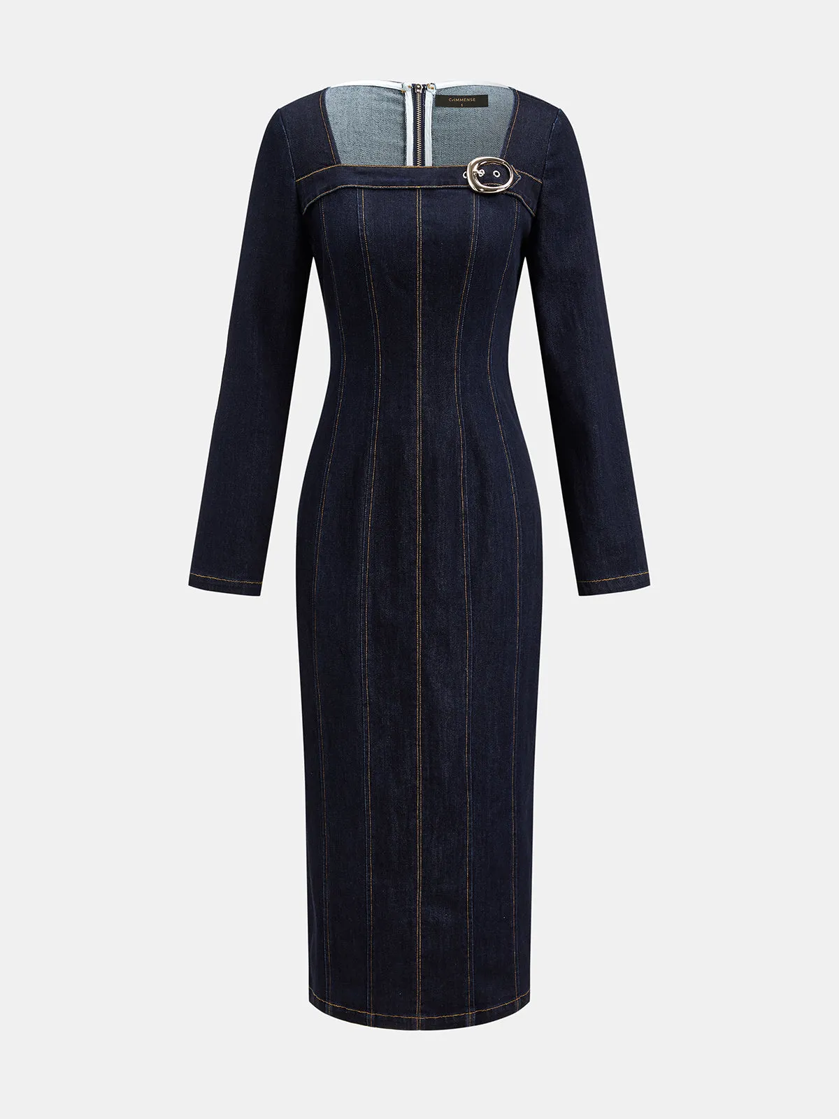 Square Neck Buckle Denim Bodycon Midi Dress sold by COMMENSE product image thumbnail 2