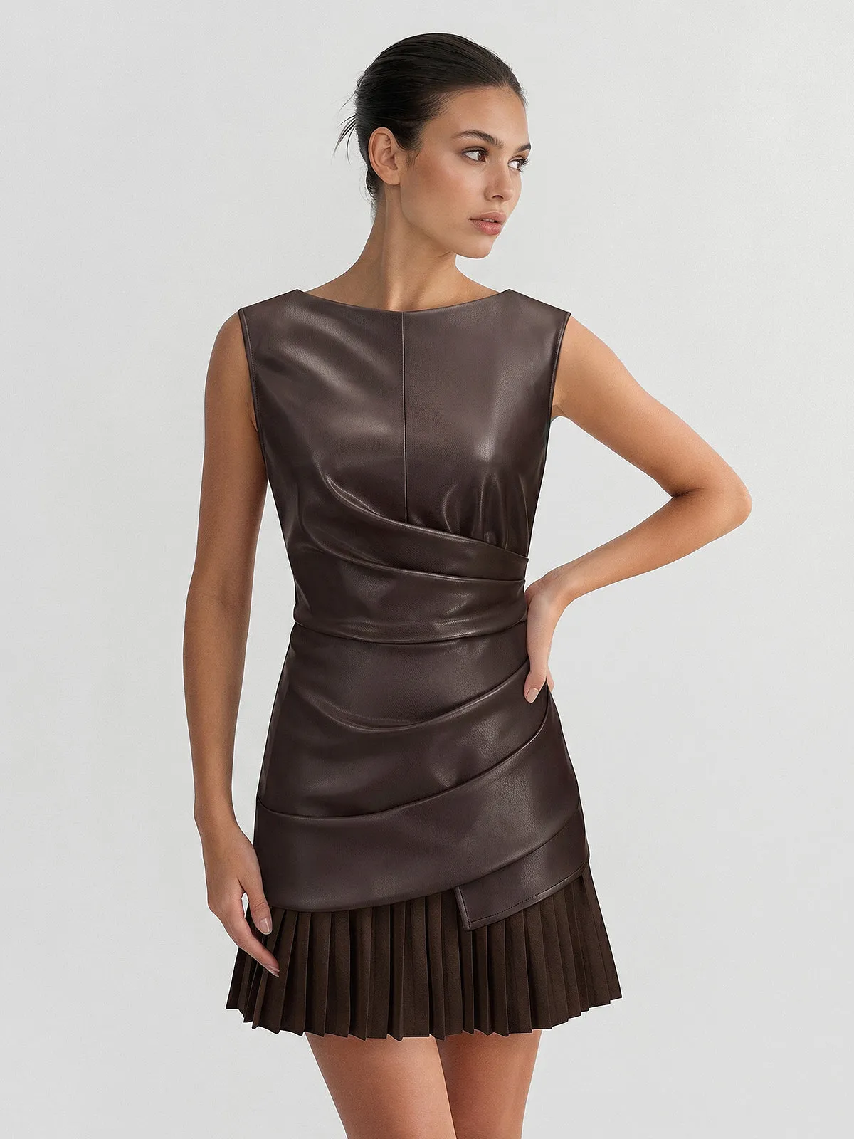 Faux Leather Pleated Mini Dress sold by COMMENSE product image thumbnail 2