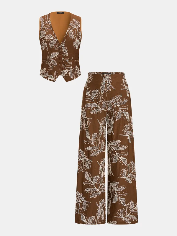 Leaf Embroidered Vest & Wide Leg Pants Set made by COMMENSE