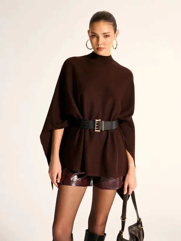 High Neck Belted Knit Cape Top made by COMMENSE