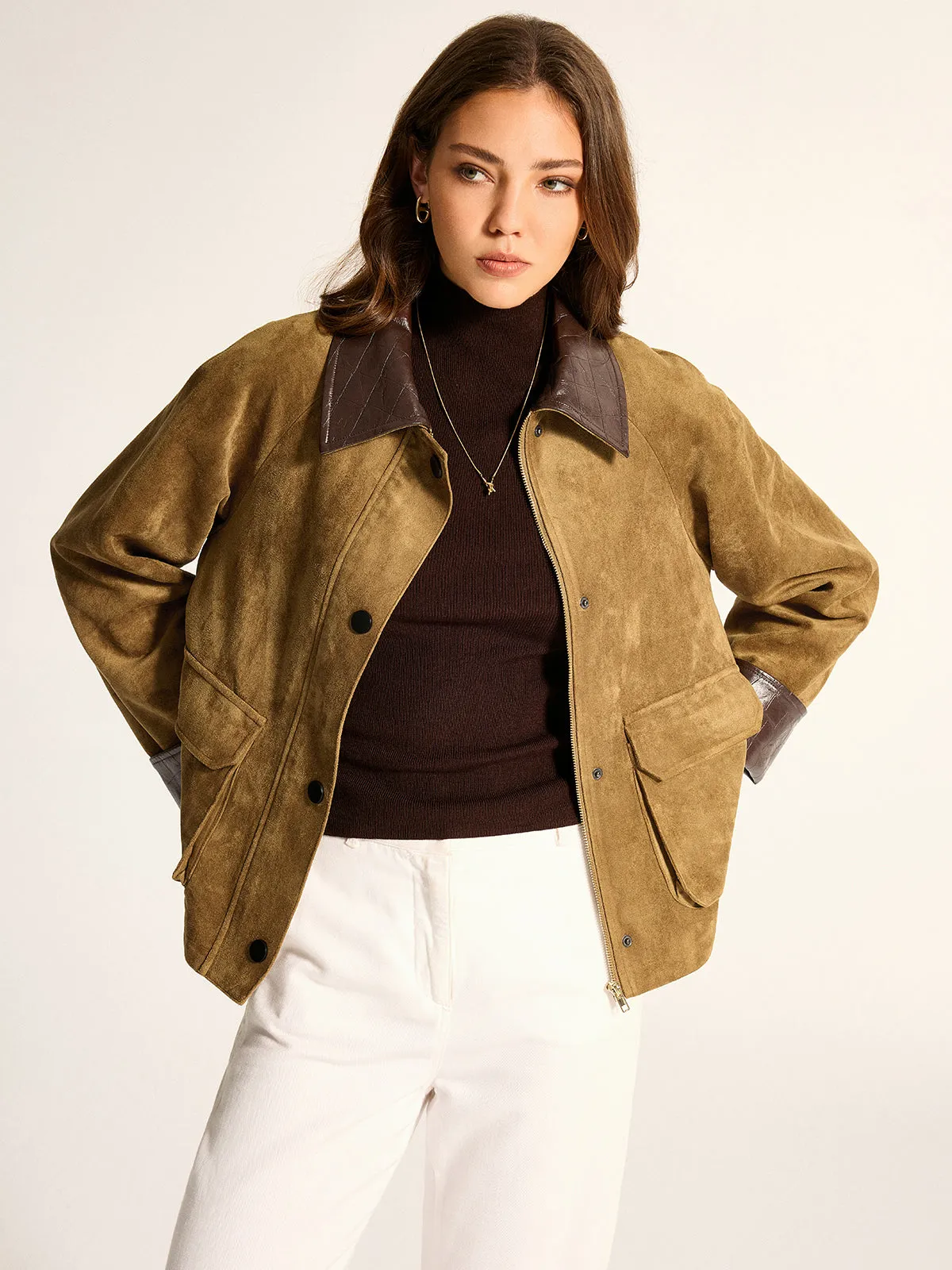 Faux Leather Collar Suede Effect Utility Jacket sold by COMMENSE product image thumbnail 2