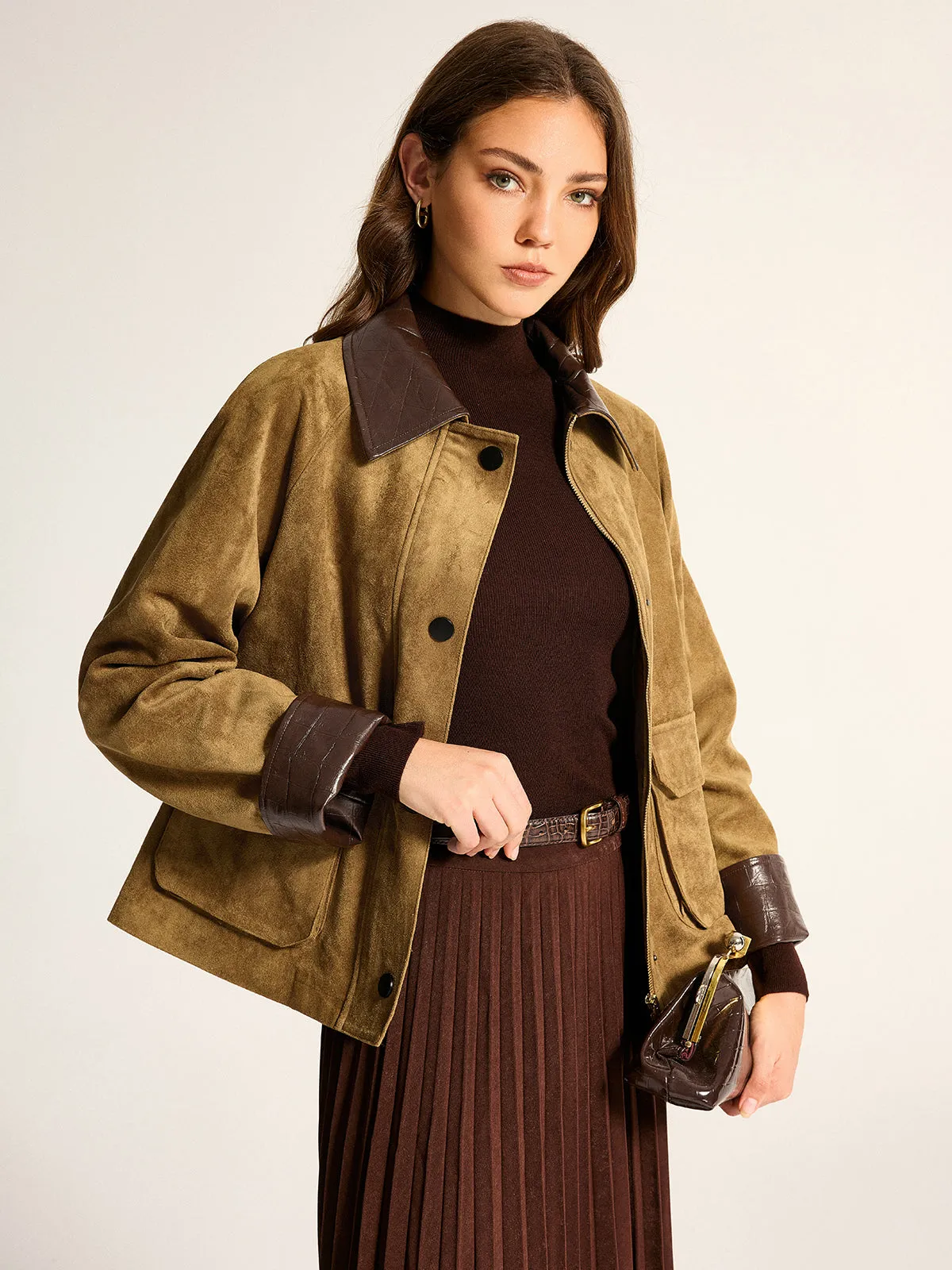 Faux Leather Collar Suede Effect Utility Jacket sold by COMMENSE product image thumbnail 3