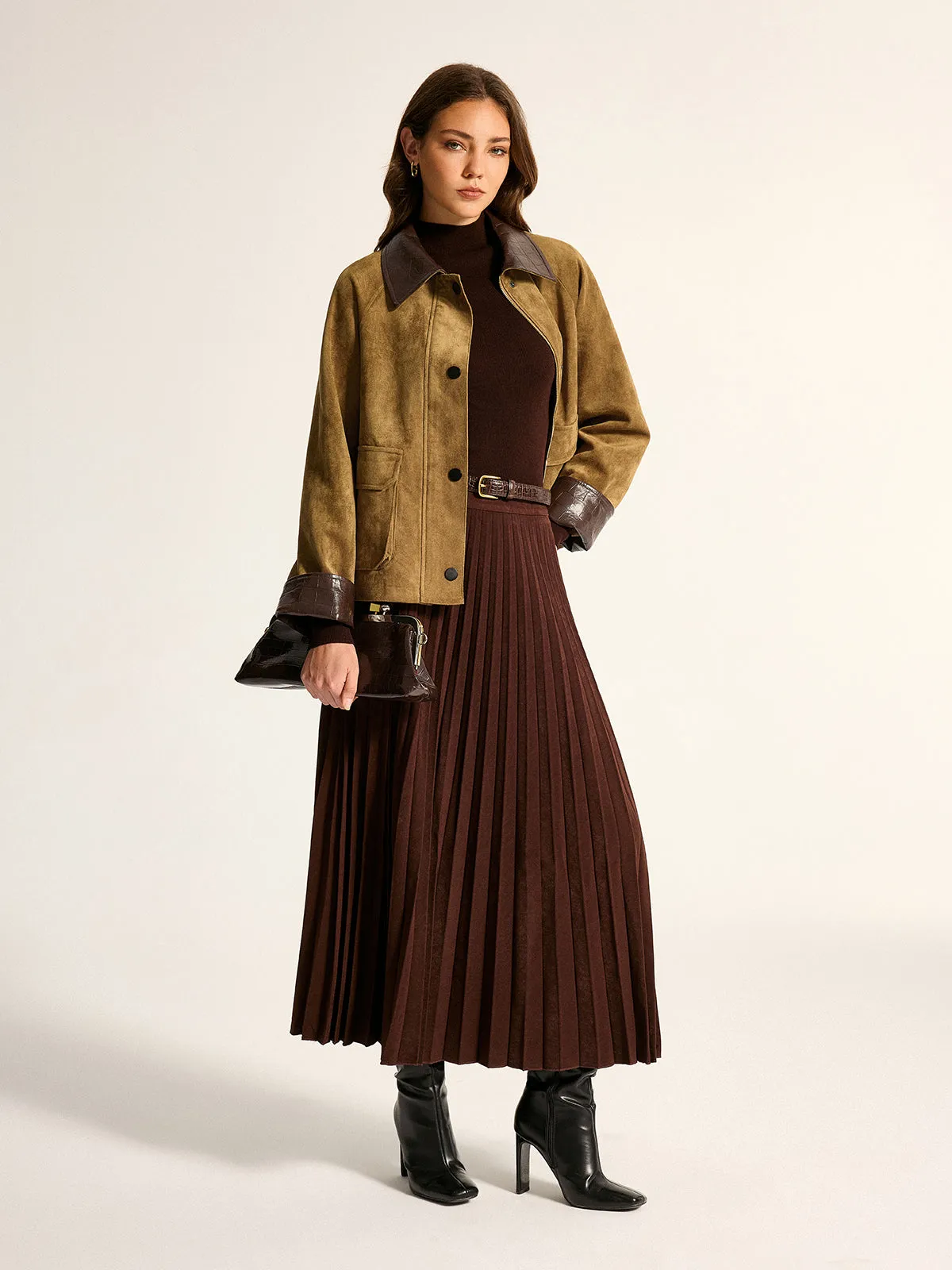 Faux Leather Collar Suede Effect Utility Jacket sold by COMMENSE product image thumbnail 4