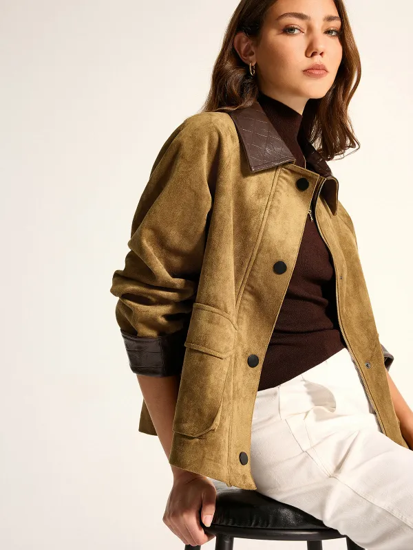 Faux Leather Collar Suede Effect Utility Jacket made by COMMENSE