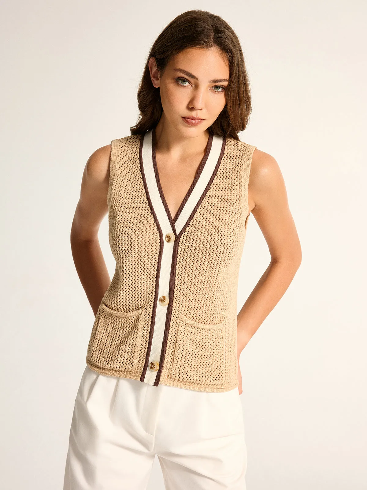 Contrast Trim V‑Neck Crochet Knit Vest sold by COMMENSE product image thumbnail 2
