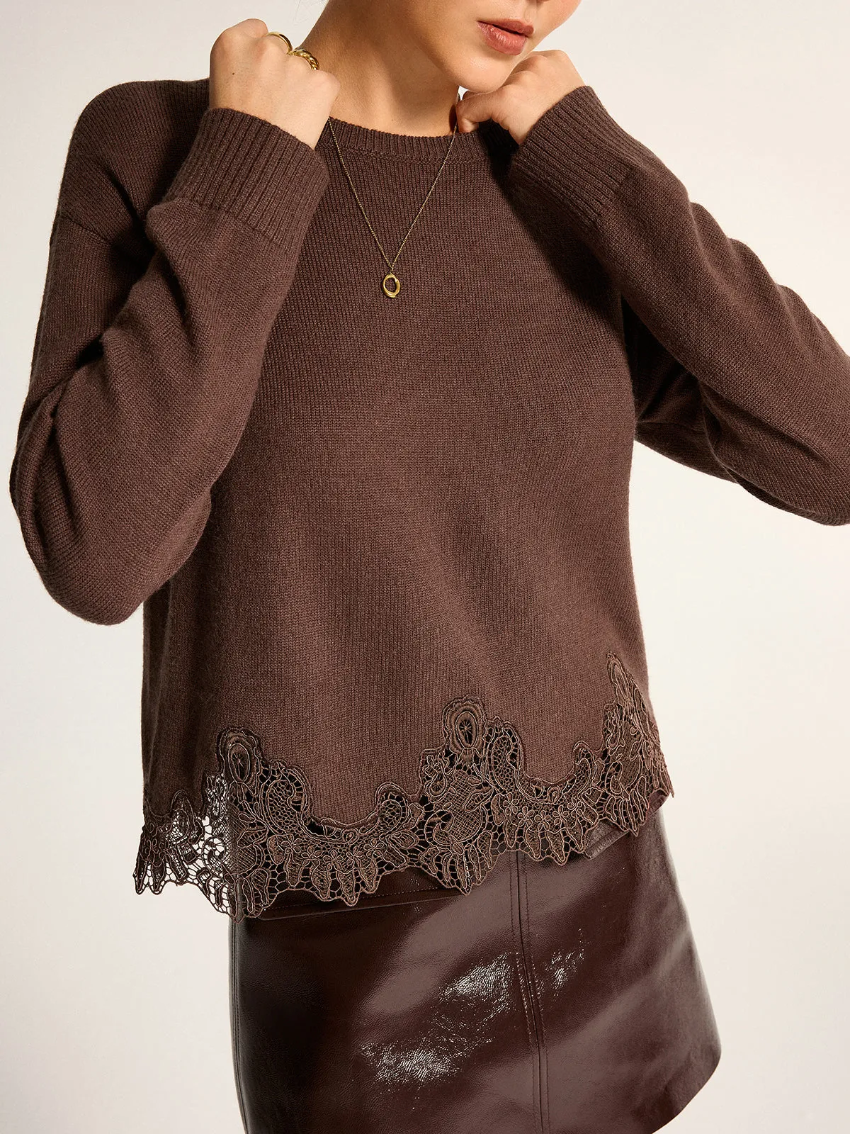 Wool Blend Lace Hem Long Sleeve Sweater sold by COMMENSE product image thumbnail 3