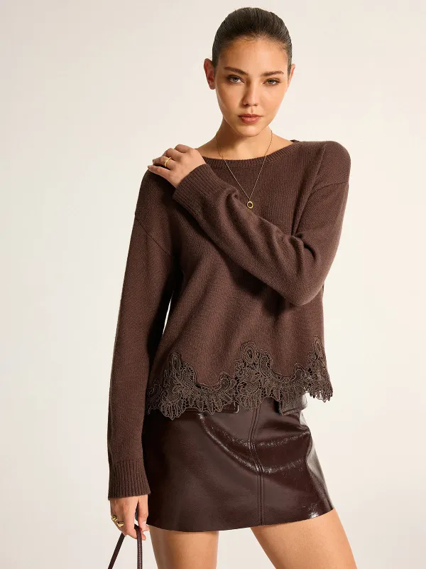 Wool Blend Lace Hem Long Sleeve Sweater made by COMMENSE