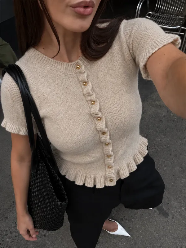 Ruffle Trim Short Sleeve Knit Cardigan made by COMMENSE