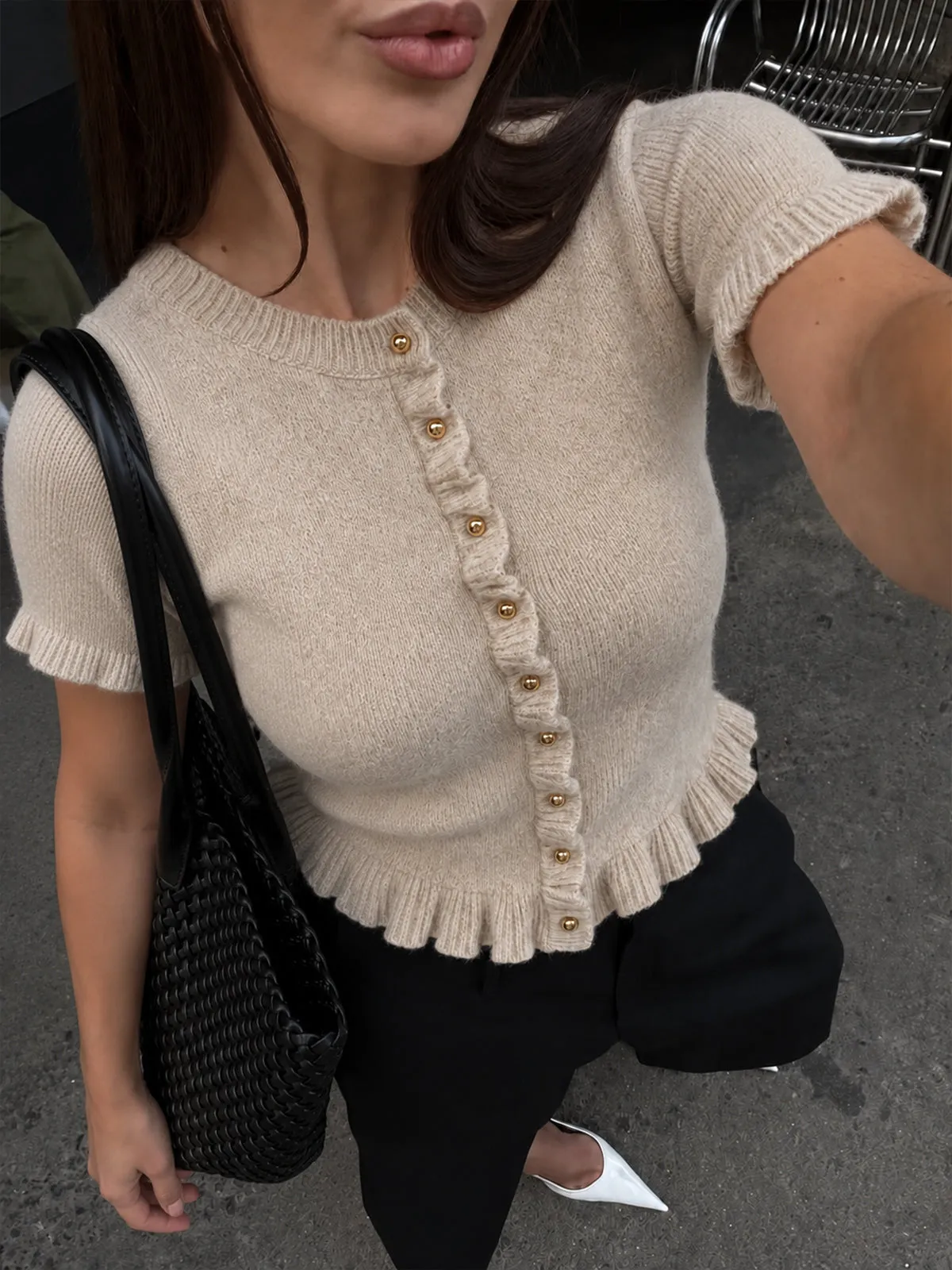Ruffle Trim Short Sleeve Knit Cardigan sold by COMMENSE